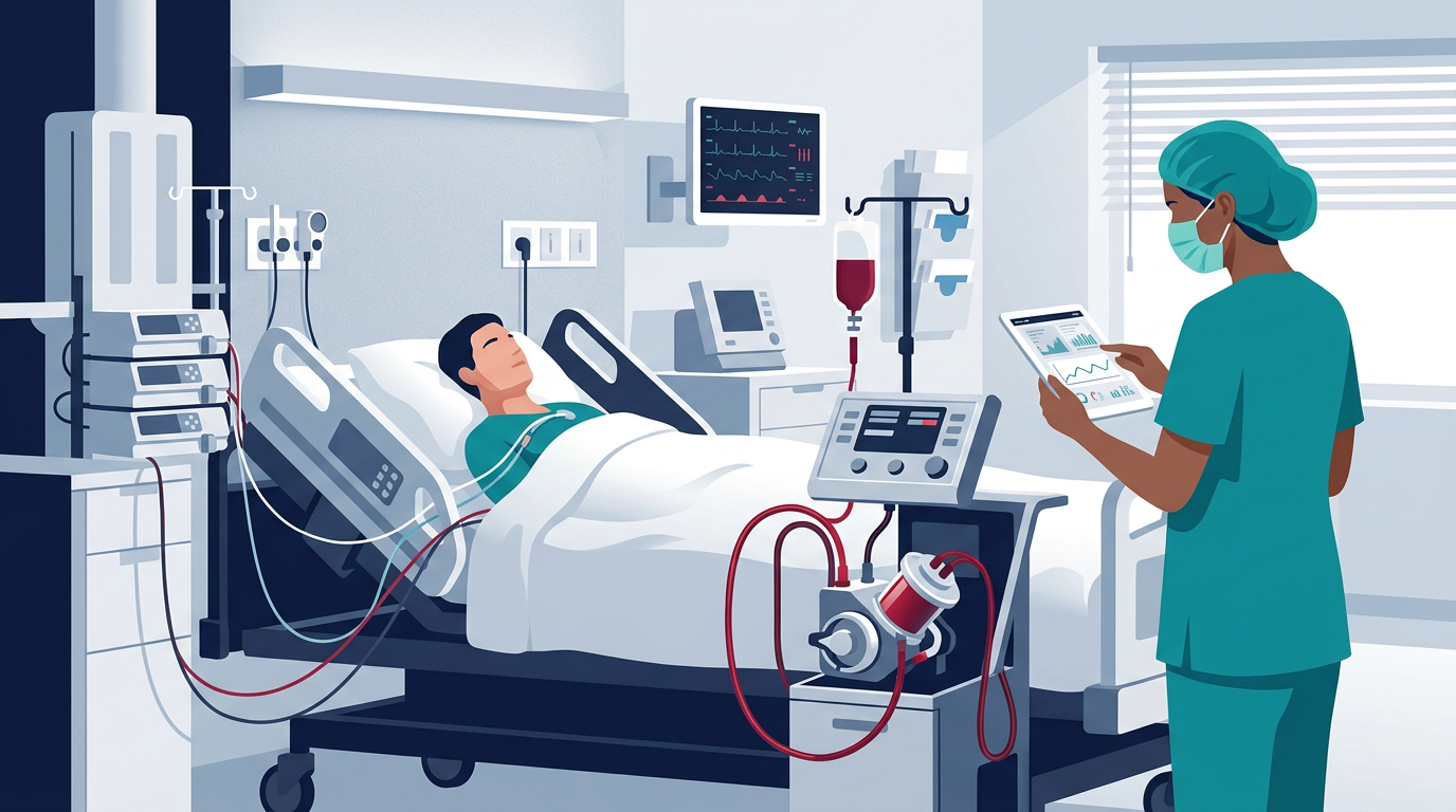ICU bedside with an ECMO machine and a clinician using a tablet