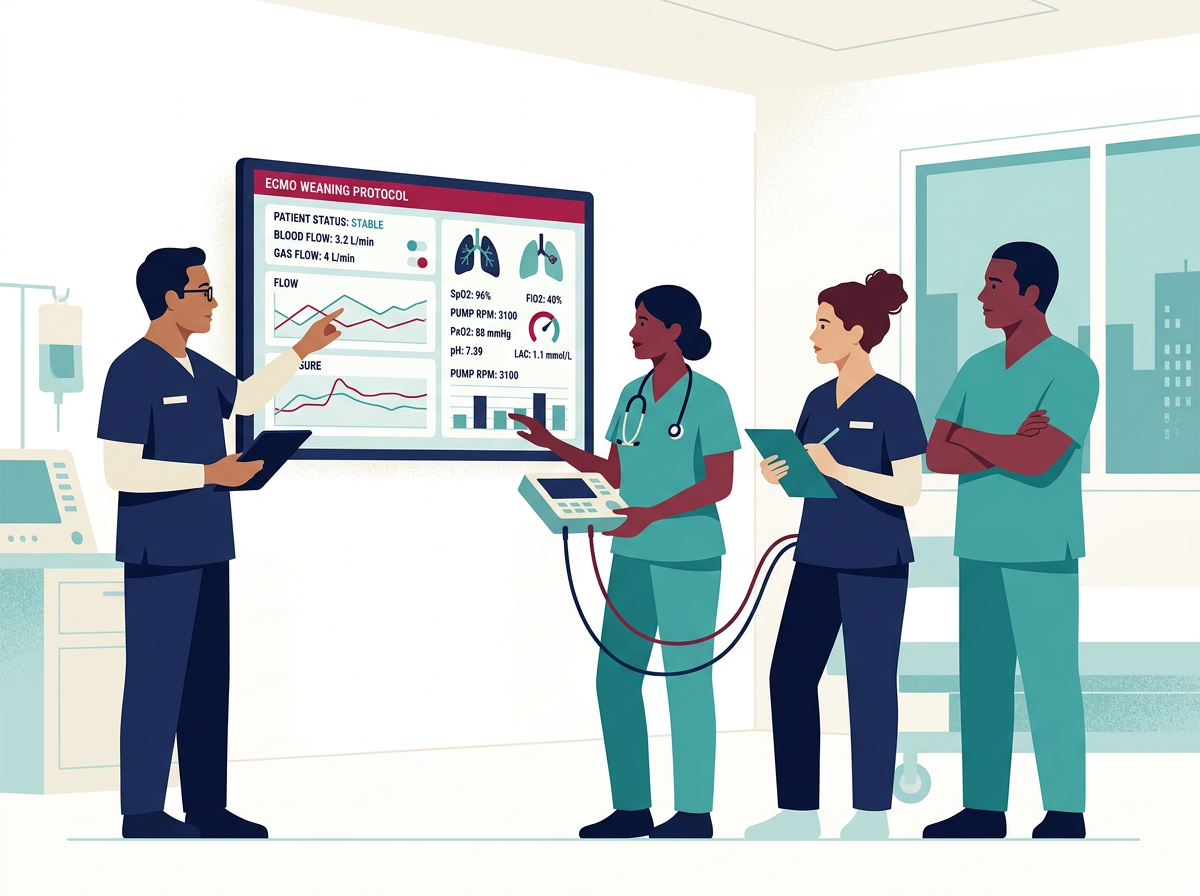 Multidisciplinary ECMO team discussing a patient dashboard